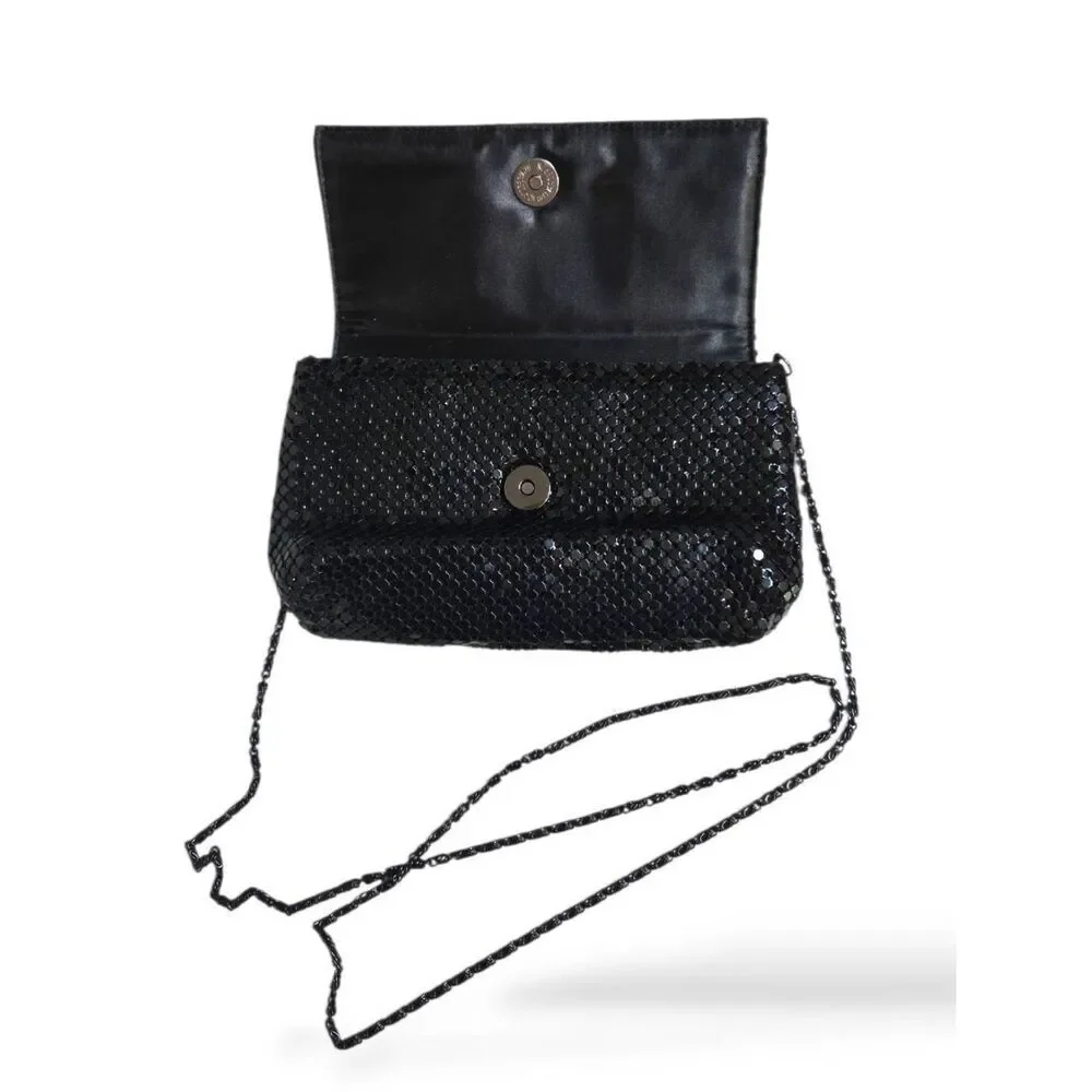 Black Glitz Mesh Metallic Chain Crossbody Clutch Evening Bag